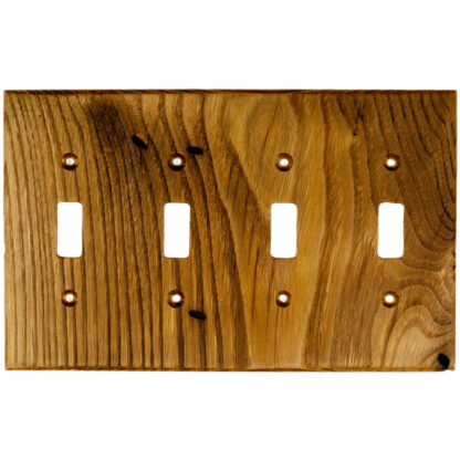 4 gang wormy American chestnut reclaimed wood light switch cover plate for toggle switch made by Virgin Timber Lumber Co.