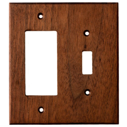 2 gang black walnut wood electrical outlet cover plate for one toggle switch and one decora style electrical device