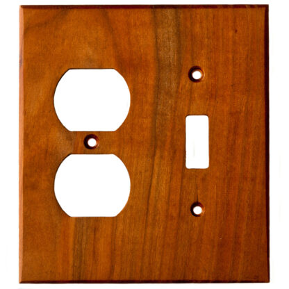 2 gang cherry wood electrical cover plate for a duplex outlet and toggle switch