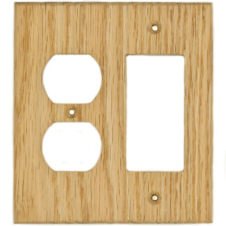 2 gang oak wood combination electrical cover plate for a duplex outlet and decora rocker switch or GFCI outlet made by Virgin Timber Lumber Co.