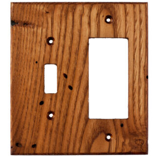 2 gang reclaimed wormy American chestnut wood electrical cover plate for a toggle switch and decora style electrical device made by Virgin Timber Lumber Co.