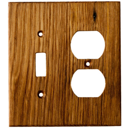 2 gang reclaimed wormy American chestnut combination electrical wall cover plate for a toggle switch and duplex outlet