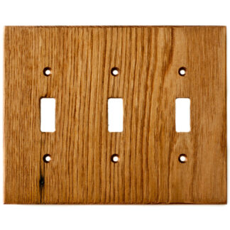 3 gang reclaimed wormy American chestnut wood electrical cover plate for 3 toggle switches made by Virgin Timber Lumber Co.