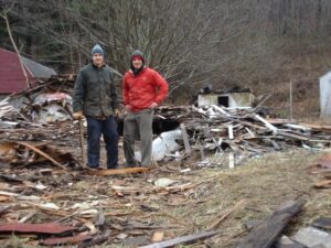 Johnny and Gabe finishing up a house deconstruction project in Kincaid, West Virginia