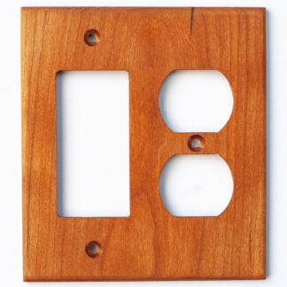 cherry wood 2 gang outlet cover for a decora and a duplex electrical device