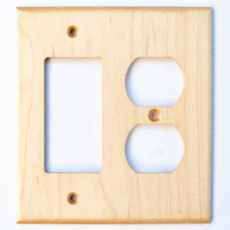 maple wood 2 gang outlet cover for a decora and a duplex electrical device